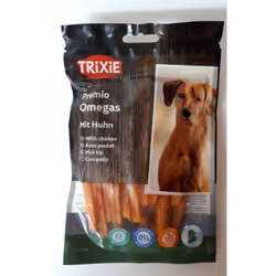 PREMIO Omega Stripes avec poitrine de poulet contiennent 85 % de viande de poulet, glycérine, minéraux, sorbitol, huile de gr ...
