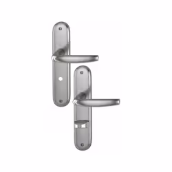 Garniture en aluminium sur plaques longues, pour portes intérieures. Fixation traversante. Pour entraxe de serrure de 70 mm.  ...