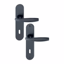 Poignée de porte sur plaque ovale courte – finition noir mat F9714M Fonction à clé L – entraxe serrure 70 mm – fixation 165 m ...