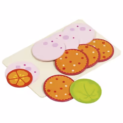 Goki Tranches de saucisse, 8 tranches, 1 feuille de salade, 1 tranche de tomate, Nourriture pour poupée, 3 an(s), 90 g