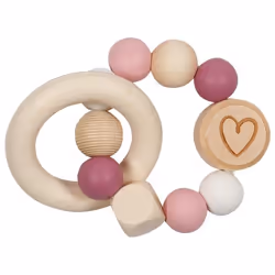 Goki Hochet élastique cœur, rose, Silicone, Bois, Rose, Blanc, Bois