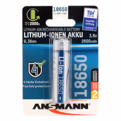 Ansmann Li-Ion Akku 18650, Batterie rechargeable, Lithium-Ion (Li-Ion), 3,6 V, 2600 mAh, 9,36 Wh, Argent