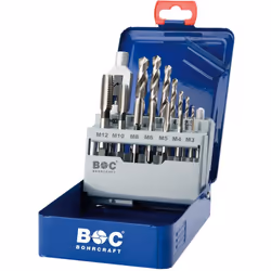Jeu de tarauds pour machine DIN 352 HSS-G EGB15 Lot de 15 pièces avec forets hélicoïdaux DIN 338 HSS-G et clés. Dans une boît ...