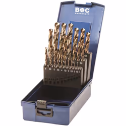 Jeu de forets hélicoïdaux HSS-E (Co5) DIN 338 Cobalt Contenu (25 pièces) : Ø 1,0 - 13 mm x 0,5 mm. Angle supérieur 135°, avec ...