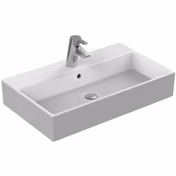 Le lavabo en céramique sanitaire a un trou de robinet percé au milieu. La fixation au mur se fait à l´aide de boulons de susp ...