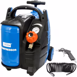 Compresseur sans huile, 1 cylindre, à piston avec entrainement par courroie, réservoir de 5 l, pressostat réglable. La poigné ...