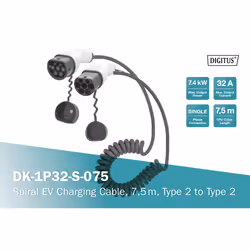 Digitus Câble de recharge en spirale pour véhicules électriques & PHEV – 7,5 m – type 2 – mode 3 – monophasé – 32 A – 7,4 kW – noir