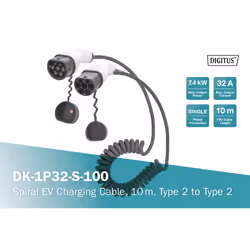 Digitus Câble de recharge en spirale pour véhicules électriques & PHEV – 10 m – type 2 – mode 3 – monophasé – 32 A – 7,4 kW – noir