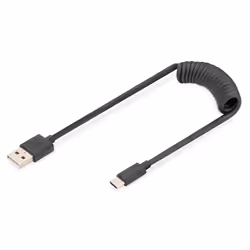 Digitus Câble spiralé USB 2.0 – USB A vers USB-C, 1 m, USB A, USB C, USB 2.0, 480 Mbit/s, Noir