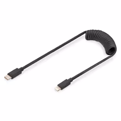 Digitus Câble spiralé USB 2.0 – USB-C vers Lightning, 1 m, USB C, USB C, USB 2.0, 480 Mbit/s, Noir