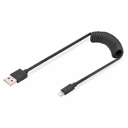 Digitus Câble spiralé USB 2.0 – USB A vers Lightning, 1 m, USB A, USB A, USB 2.0, 480 Mbit/s, Noir