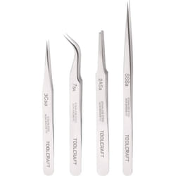 Toolcraft - 816747 Jeu de pinces brucelles 4 pièces ss sa, 2a sa, 7 sa, 3c sa plate, ronde, pointe en forme de faucille,