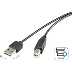 Câble usb usb 2.0 usb-a mâle, usb-b mâle 1.80 m noir connecteur utilisable des deux cotés, contacts dorés RF-4078644 Y303161 - Renkforce