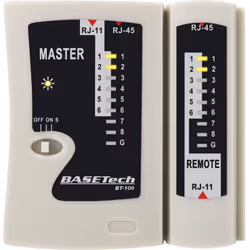Description générale Testeur de câbles BT-100 Basetech, conçu pour les systèmes de prise modulaire RJ45 blindés (STP/FTP) ou  ...