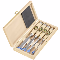 description Jeu de 4 ciseaux à bois, avec manche plat en charme, dans une boîte en bois, contenant : un ciseau de 4 mm, un ci ...