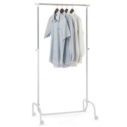 Portant à vêtements TIGER penderie simple sur roulettes vestiaire mobile avec 1 barre de hauteur réglable en métal chromé et blanc