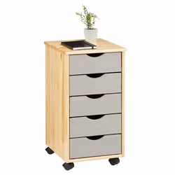 Caisson de bureau LAGOS meuble de rangement sur roulettes avec 5 tiroirs en pin massif finition vernis naturel et lasuré gris