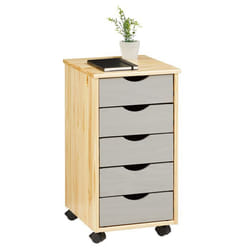 Caisson de bureau LAGOS meuble de rangement sur roulettes avec 5 tiroirs en pin massif finition vernis naturel et lasuré gris