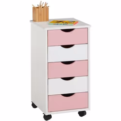 Caisson de bureau LAGOS meuble de rangement sur roulettes avec 5 tiroirs en pin massif lasuré blanc et rose