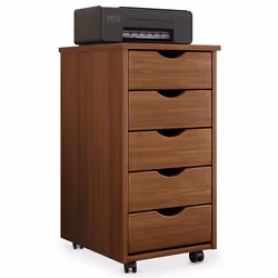 Caisson de bureau LAGOS L 35 cm en bois massif meuble de rangement sur roulettes avec 5 tiroirs coloris brun foncé