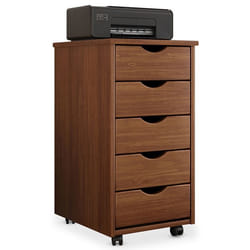Caisson de bureau LAGOS L 35 cm en bois massif meuble de rangement sur roulettes avec 5 tiroirs coloris brun foncé