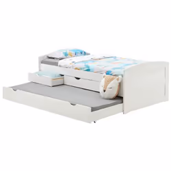 Lit gigogne JESSY lit enfant fonctionnel avec tiroir-lit et rangement 3 tiroirs couchage 90x190 cm en pin massif lasuré blanc