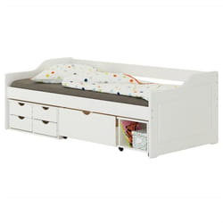 Lit fonctionnel SENTA avec rangements 4 tiroirs 1 caisson et 1 niche sur roulettes couchage 90 x 200 cm en pin massif lasuré
