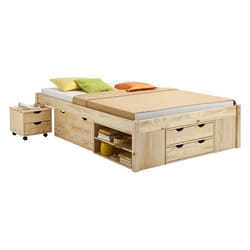 Lit fonctionnel SABRINA lit double pour enfant ou adulte en pin massif naturel avec 2 tables de chevet et 4 tiroirs de rangements