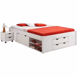 Lit fonctionnel SABRINA lit double pour enfant ou adulte en pin massif blanc avec 2 tables de chevet et 4 tiroirs de rangemen ...