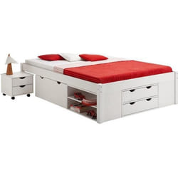 Lit fonctionnel SABRINA lit double pour enfant ou adulte en pin massif blanc avec 2 tables de chevet et 4 tiroirs de rangements