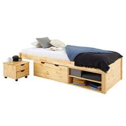 Lit fonctionnel SABRINA lit simple pour enfant avec 1 table de chevet sur roulettes 1 grand tiroir et 2 étagères pin naturel