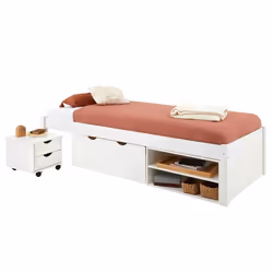 Lit fonctionnel SABRINA lit simple pour enfant avec 1 table de chevet sur roulettes 1 grand tiroir et 2 étagères pin blanc
