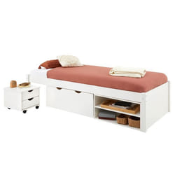 Lit fonctionnel SABRINA lit simple pour enfant avec 1 table de chevet sur roulettes 1 grand tiroir et 2 étagères pin blanc