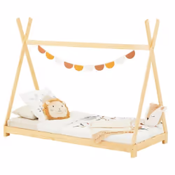 Lit tipi ELIN lit enfant simple en bois type montessori 90 x 200 cm en pin massif à la finition naturelle