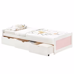 Lit fonctionnel MIA avec rangements 3 tiroirs 90 x 200 cm lit simple 1 place lit enfant en pin massif lasuré blanc et rose