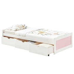 Lit fonctionnel MIA avec rangements 3 tiroirs 90 x 200 cm lit simple 1 place lit enfant en pin massif lasuré blanc et rose