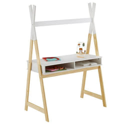 Bureau enfant SIMI petit bureau en forme de tipi de type Montessori avec 2 niches en pin massif naturel et blanc