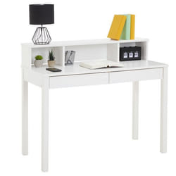 Bureau LENNOX avec rangement 2 tiroirs et 3 niches en pin massif lasuré blanc