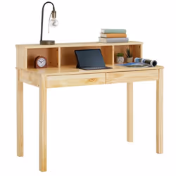 Bureau LENNOX avec rangement 2 tiroirs et 3 niches en pin massif recouvert dun vernis naturel