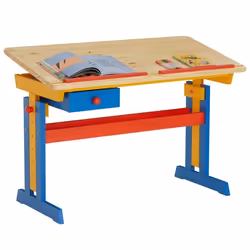 Bureau enfant FLEXI en pin massif réglable en hauteur et plateau inclinable lasuré multicolore