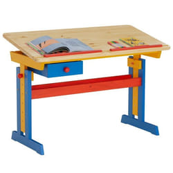 Bureau enfant FLEXI en pin massif réglable en hauteur et plateau inclinable lasuré multicolore
