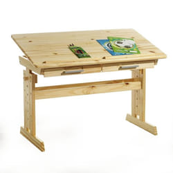 Bureau enfant écolier junior OLIVIA table à dessin réglable en hauteur et pupitre inclinable avec 2 tiroirs en pin massif naturel