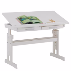 Bureau enfant écolier junior OLIVIA table à dessin réglable en hauteur et pupitre inclinable avec 2 tiroirs en pin massif bla ...