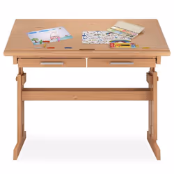 Bureau enfant écolier junior OLIVIA table à dessin réglable en hauteur et pupitre inclinable avec 2 tiroirs en pin massif hêt ...
