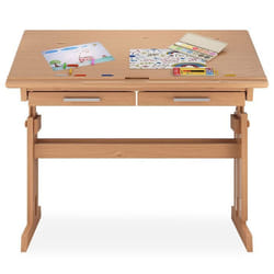 Bureau enfant écolier junior OLIVIA table à dessin réglable en hauteur et pupitre inclinable avec 2 tiroirs en pin massif hêtre