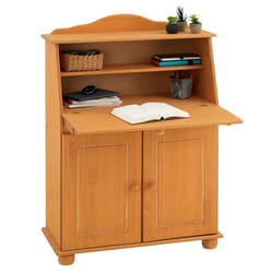 Bureau secrétaire DAVID avec abattant rangement plusieurs étagères 2 portes plan de travail rabattable en pin massif teinté et