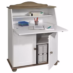 Bureau secrétaire DAVID avec abattant rangement plusieurs étagères 2 portes plan de travail rabattable en pin massif taupe et