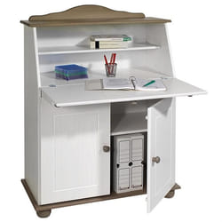 Bureau secrétaire DAVID avec abattant rangement plusieurs étagères 2 portes plan de travail rabattable en pin massif taupe et