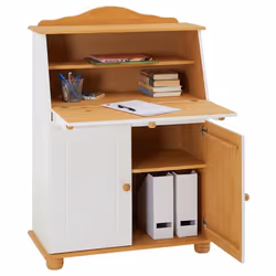 Bureau secrétaire DAVID avec abattant rangement plusieurs étagères 2 portes plan de travail rabattable en pin massif blanc et ...