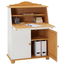Bureau secrétaire DAVID avec abattant rangement plusieurs étagères 2 portes plan de travail rabattable en pin massif blanc et brun
